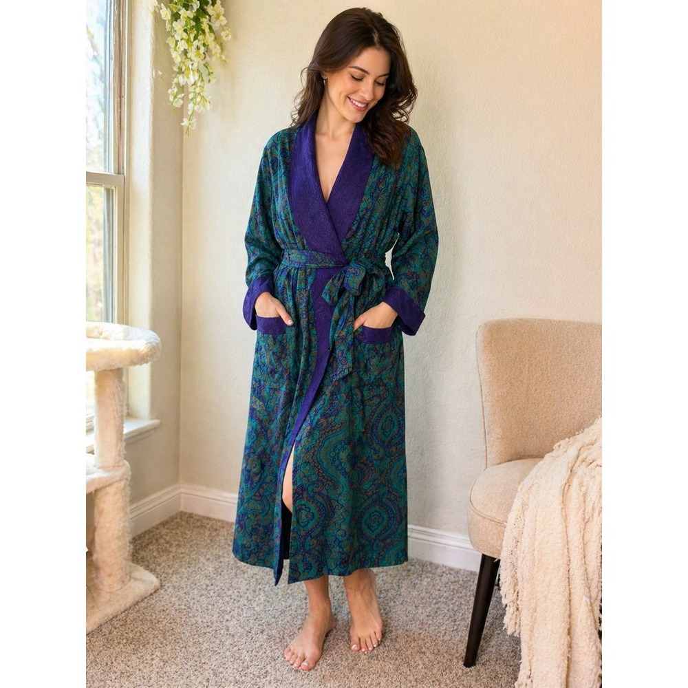 Vintage Victorias Secret Gold Label Paisley Maxi Robe Teal Purple Jacquard P/S